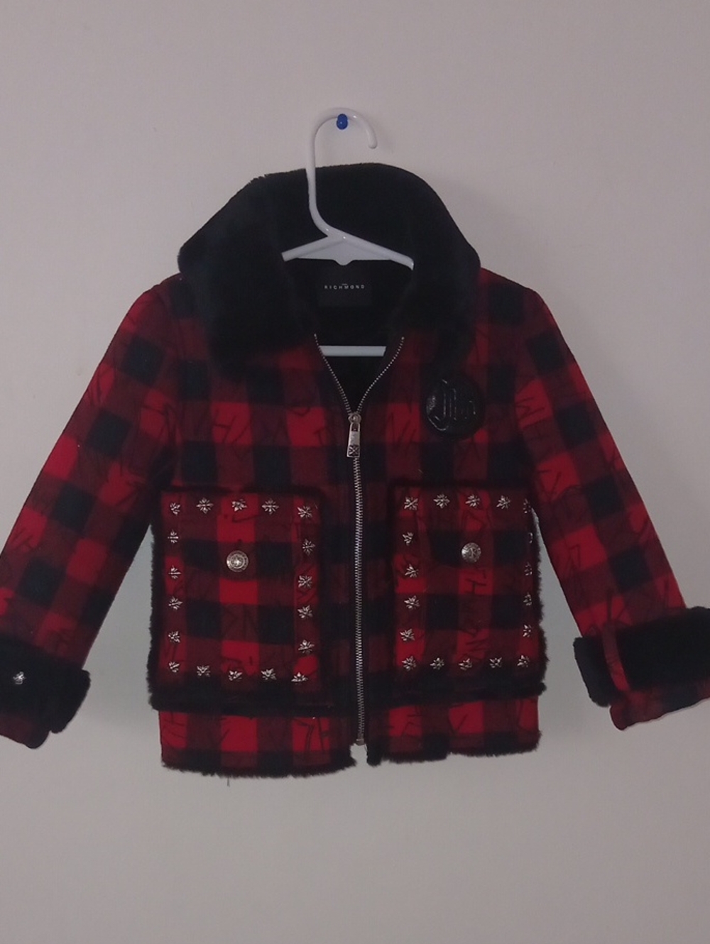 John Richmond Red and Black Plaid Faux Fur Trim Puffer Jacket